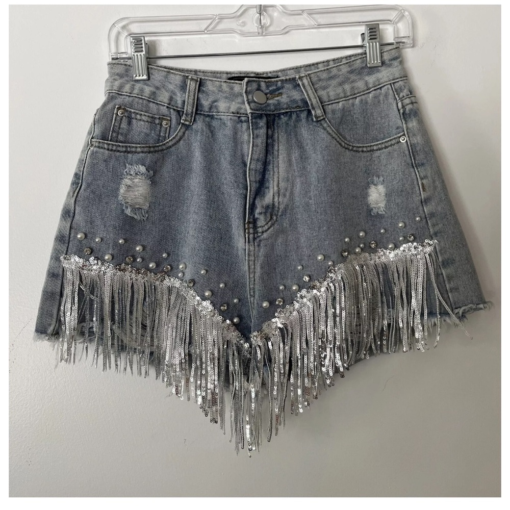 NEW Shop Michella Denim Shorts Western Pearl Rhinestones Fringe Cowgirl Sz Small